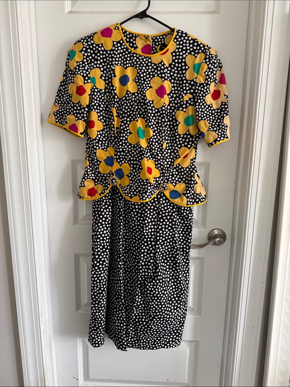 Vintage 80s Black Polka Floral-Accent Dress Set with Yellow Trim